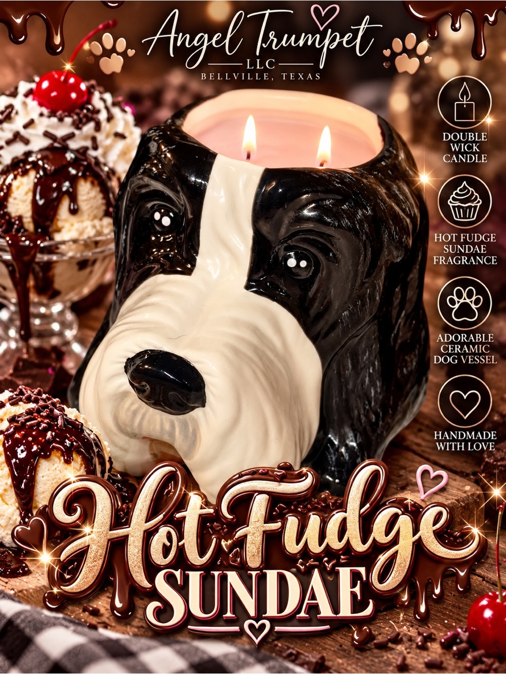 Hot Fudge Sundae Scented Double Wick Candle | Dog Ceramic Vessel | Handmade